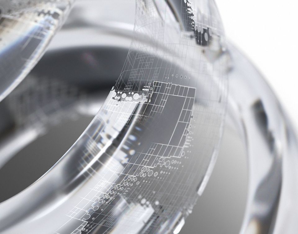 A 3D render of a glass torus with a fine technical wireframe wrapped across its surface.